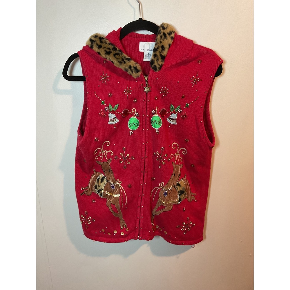 CB Collections Women's Red Beaded Reindeer Christmas‎ Hooded Vest M